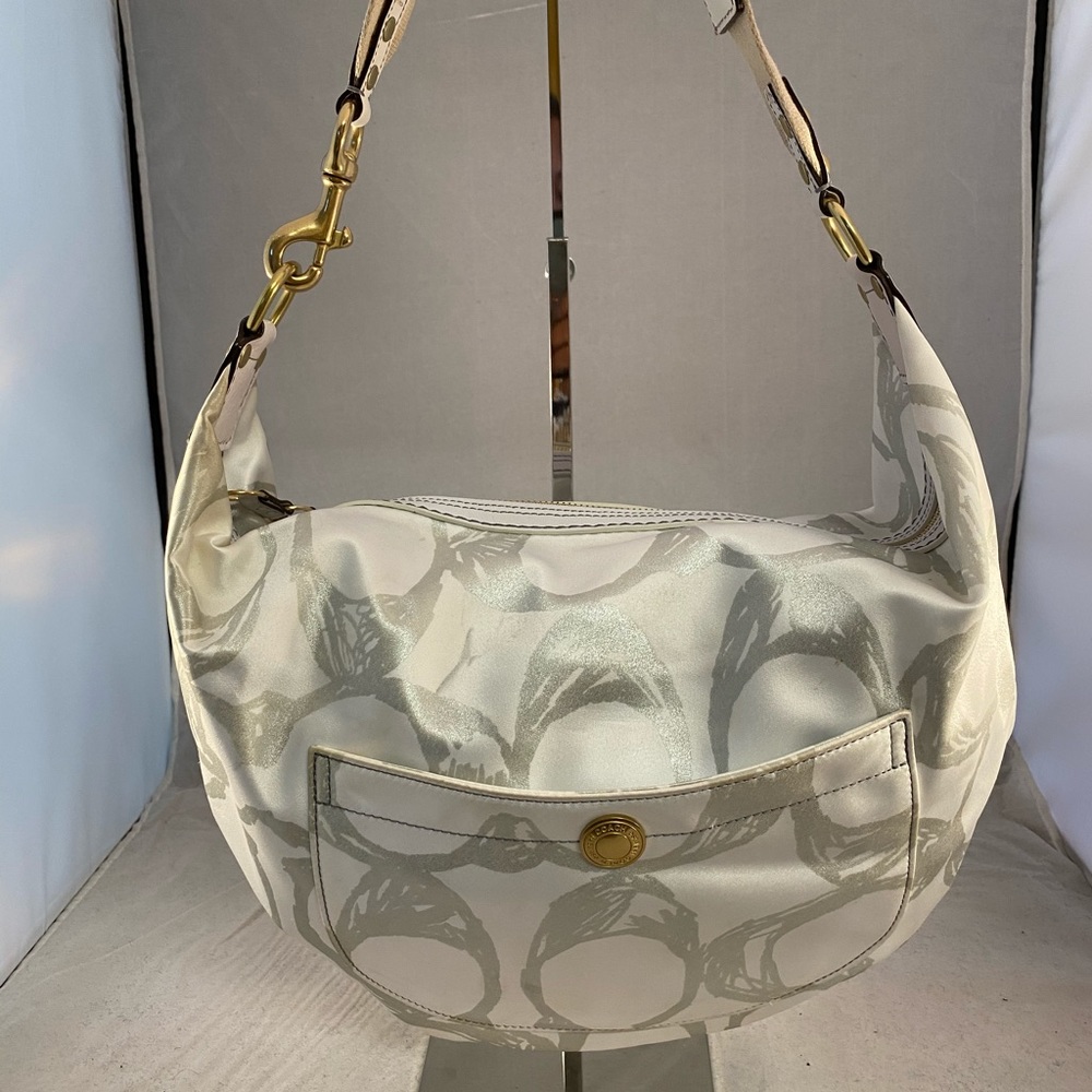 White and Metallic Silver Satin and Leather Hobo